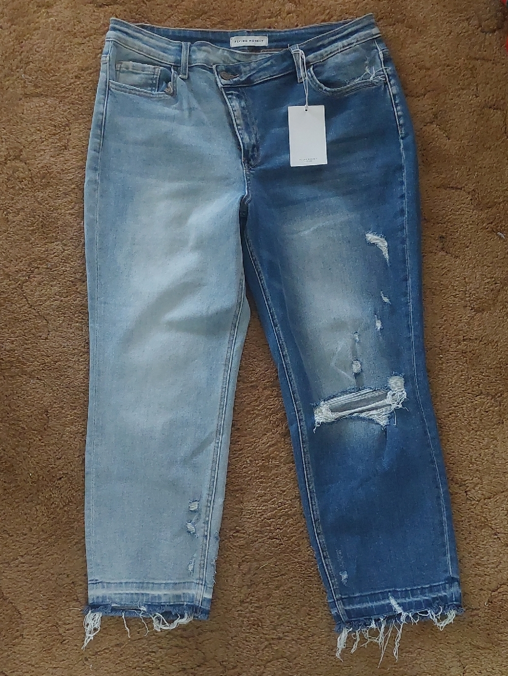 Flying Monkey Two-Tone Distressed Cropped Jeans - Light Blue & Dark Blue